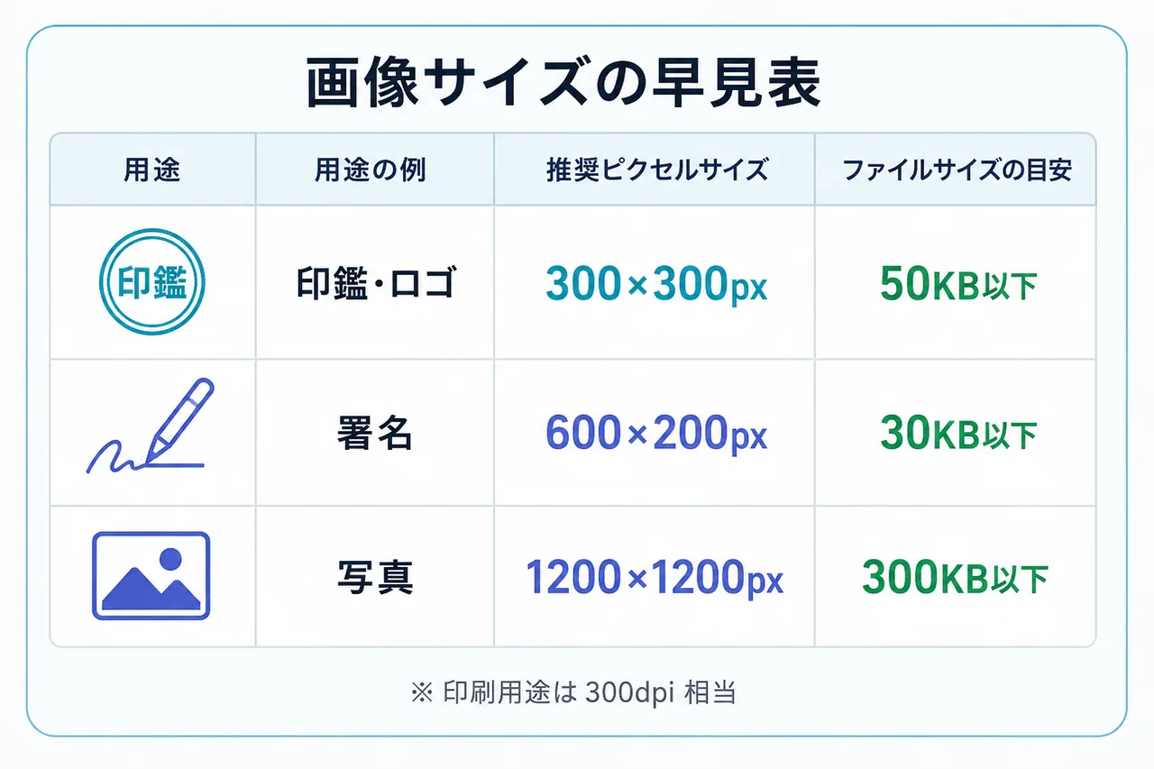 挿入画像サイズの早見表。印鑑・ロゴ=300×300px・50KB以下、署名=600×200px・30KB以下、写真=1200×1200px・300KB以下。印刷用途は300dpi相当