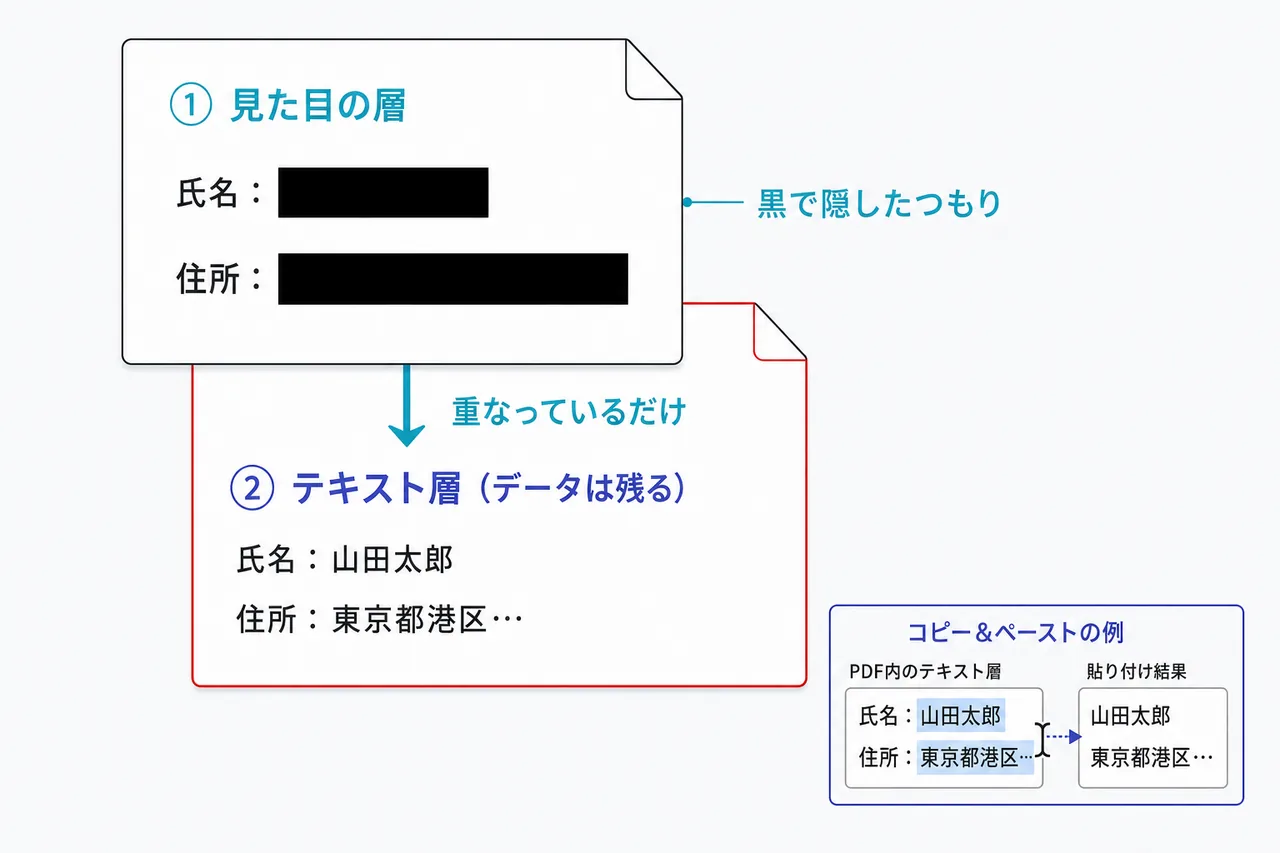 PDFの2層構造。①見た目の層は黒塗りで隠れているが、②テキスト層に氏名・住所のデータが残り、コピー＆ペーストで復元される